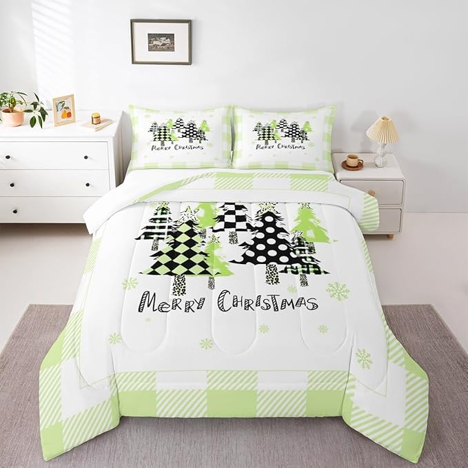 Manfei Xmas Trees Comforter Set King Size, Green Plaid Grid Snowflake Bedding Set 3pcs for Kids Girls Adults Bedroom Decor, Christmas Theme Down Comforter New Year Quilt Set with 2 Pillowcases