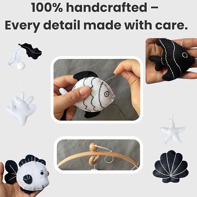 Montessori Baby Mobile – Handmade Black & White Fish Crib Mobile – Nursery Decor for Boys and Girls – Newborn Visual Development – Perfect Baby Shower Gift