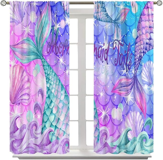 Dream Mermaid Curtain Colorful Mermaid Shell Ocean Theme Fantasy Blackout Curtains for Kids Boys Girls Bedroom Nursery Room Decor Rod Pocket Window Drapes 72x63in