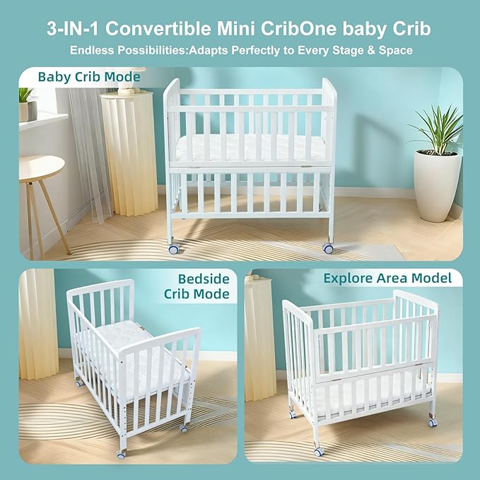 Portable Mini Baby Crib - Convertible Baby Cribs with Soft Foam Mattress(33 * 20"),6 Heights Bedside Bassinet Sleeper,Wheeled Bedside Crib Co Sleeper for Small Space,White