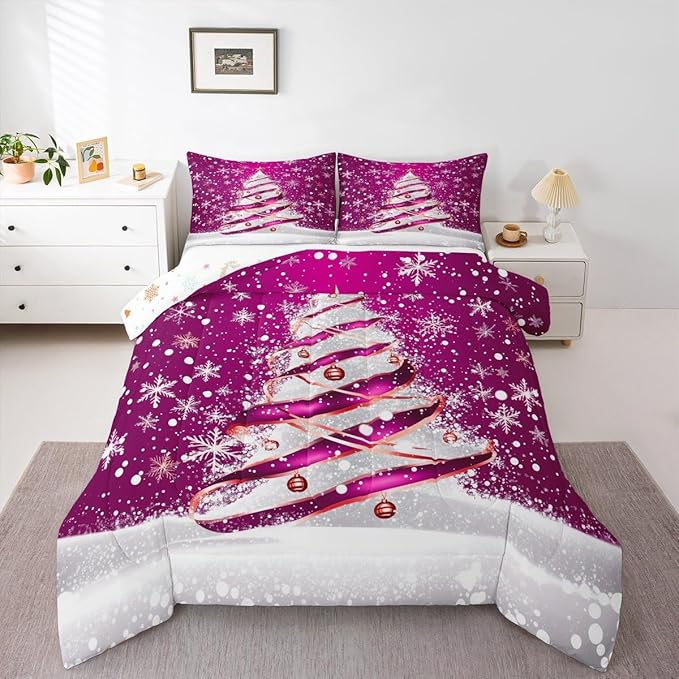 Feelyou Merry Christmas Bedding Set Soft for Boys Girls, Christmas Tree Comforter Set Full Size Snowflake Duvet Quilt Microfiber Winter Bedroom Decor 3 Pcs with 2 Pillow Cases
