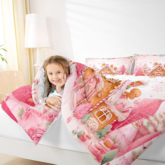 jejeloiu Kids Christmas Theme Comforter Set Toddler Cute Deer Gingerbread Man Bedding Set for Boys Girls Teens Pink Xmas Tree Candy House Winter Snowflake Duvet Quilt Room Decor