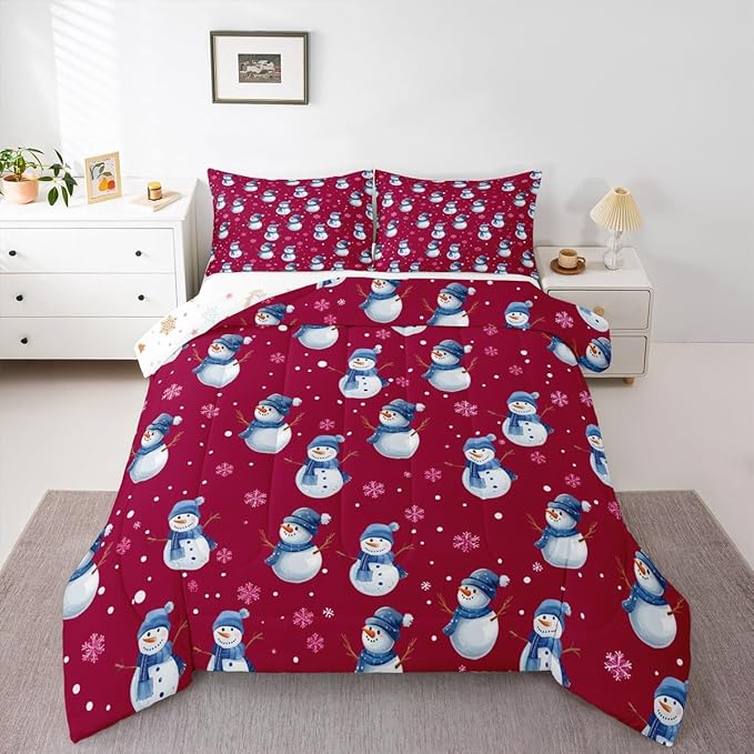 jejeloiu Kids Cute Winter Snowman Comforter Set Full Size Red Christmas Theme Bedding Set for Boys Girls Teens Xmas Snowflake Happy New Year Duvet Quilt Room Decor