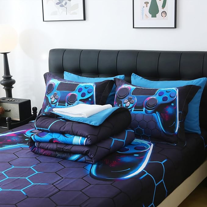 Wajade Game Console Comforter Set for Boys 7 Piece Blue 3D Gaming Geometric Bedding Sets for Kids Twin Size as Birthday with Comforter, Sheet Set, Pillowcase and Sham