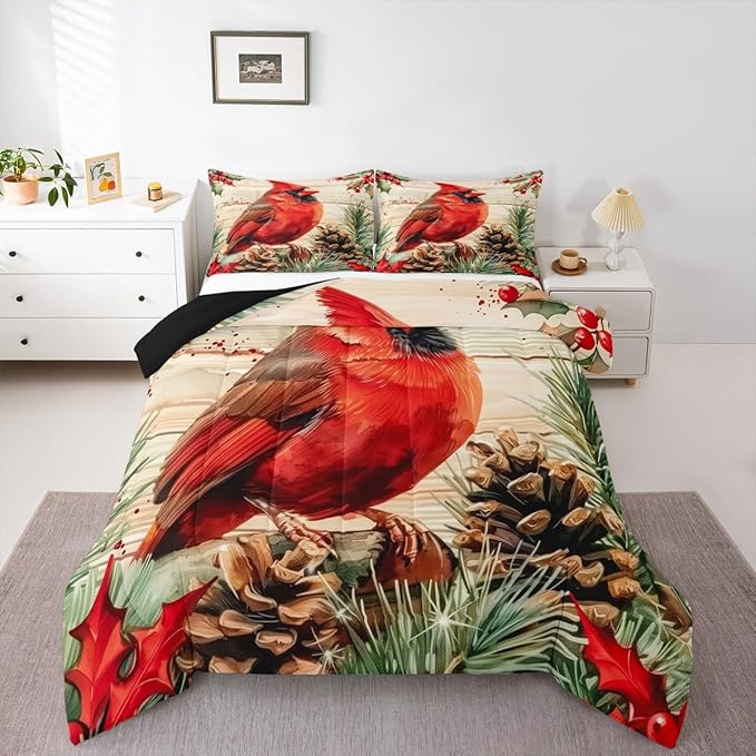 jejeloiu Kids Red Cardinal Comforter Set King Size Christmas Theme Bedding Set for Boys Girls Teens Xmas Birds Winter Rustic Wood Plank Animal Duvet Quilt Room Decor