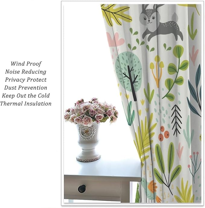 Kid Forest Animal Curtains,Woodland Animal Cartoon Watercolor Forest Hedgehog Fox Toddler Boys Girls Bedroom Living Room Window Drapes 84x84in