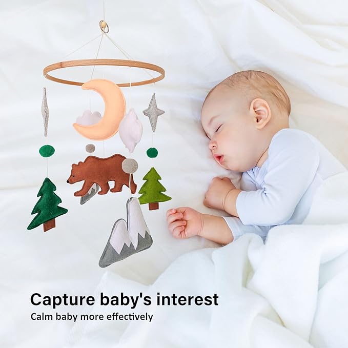 Woodland Baby Mobile, Woodland Mobile for Crib, Bear Crib Mobile for Boys, Nursery Mobile for Bassinet, Pack and Play, Bear Cloud Moon Star Mobile, Mountain Nursery Decor