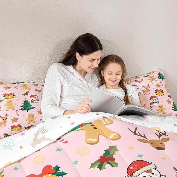 Feelyou Merry Christmas Bedding Set Soft for Boys Girls, Gingerbread Man Comforter Set Toddler Size Cute Deer Duvet Quilt Microfiber Christmas Tree 2 Pcs with 1 Pillow Cases