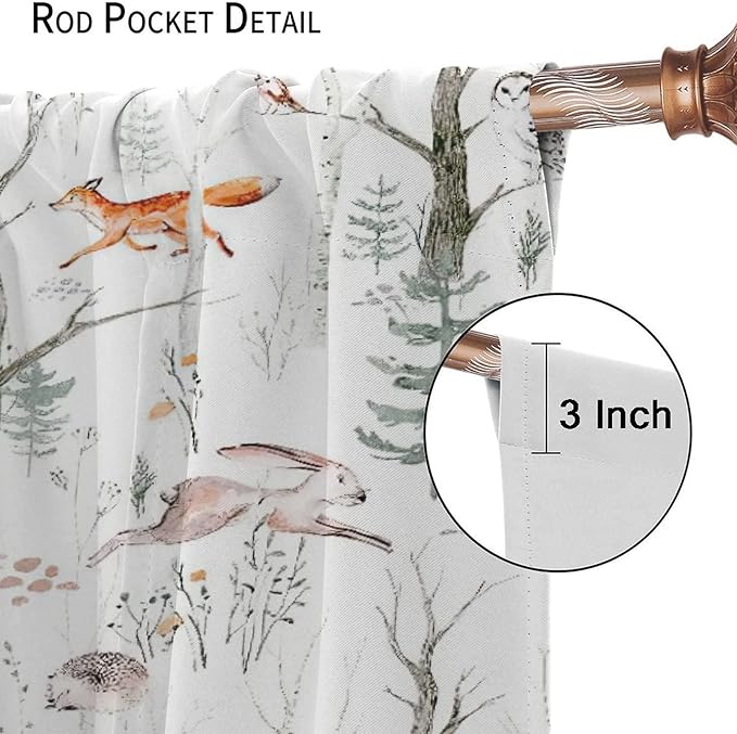 Rustic Forest Window Curtains, Watercolor Woodland Animals Owl Hedgehog Fox Butterfly Forest Squirrel and Bear Blackout Windows Door Curtain for Bedroom Living Room Home Decor 84x84in