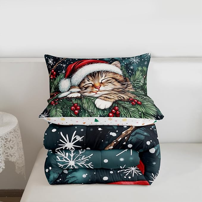 Cute Cat Kids Bedding Set Queen Size,Winter Holly Berries Snowflake Comforter Set,Animal Merry Christmas Poinsettia Quilt Comforter,Dark Green Bedroom Duvet Insert,2 Pillowcases