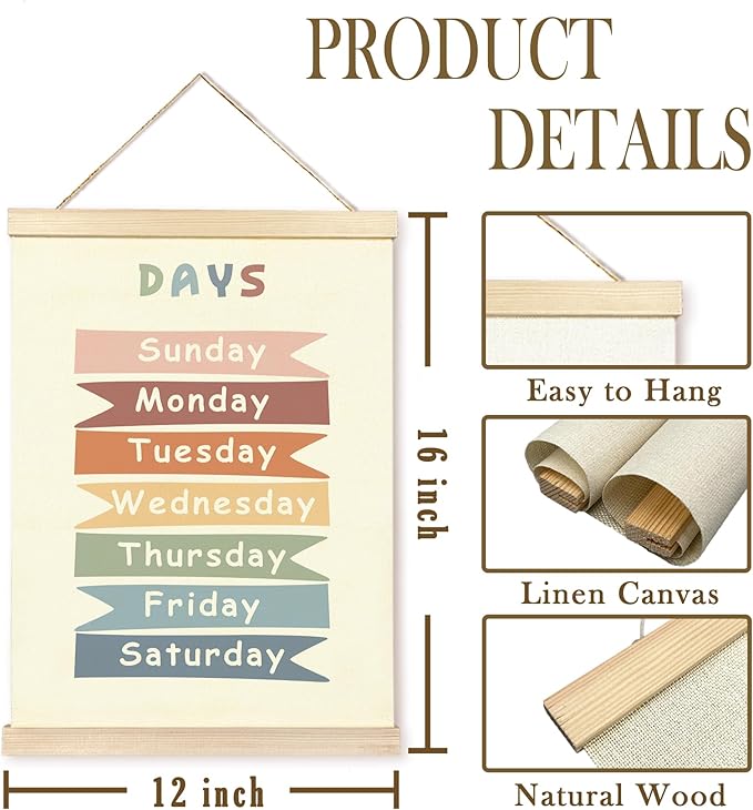 CGBHW Boho Educational Poster Hanger Frame Set of 2, Days of the Week Months of Year Learning Posters Wall Art Hanging Decor for Classroom Nursery Kids Room Playroom Preschool，12x16Inch