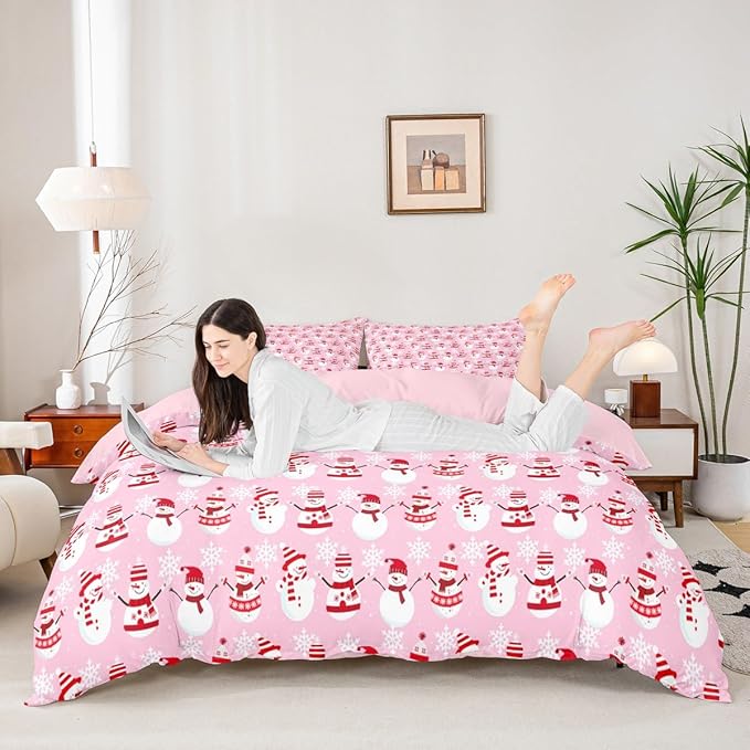 Christmas Bedding Duvet Cover Set Kids Cartoon Christmas Snowman Bedding Set Boys Girls Decor Snowflake Comforter Cover Set Microfiber Pink Xmas Theme Bedspread Cover Bedroom Bedclothes King Size