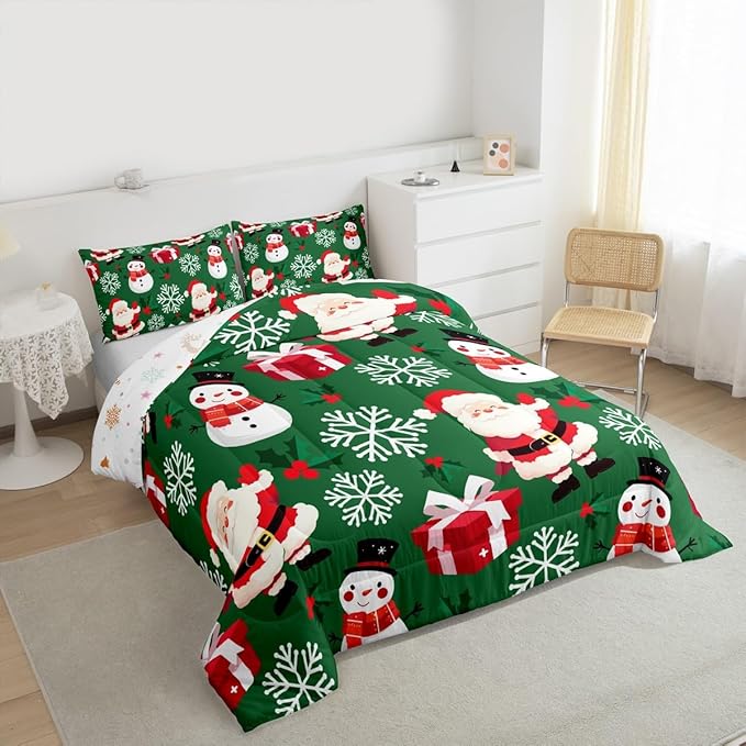 jejeloiu Merry Christmas Comforter Set Full Size Xmas Santa Claus Bedding Set for Kids Boys Girls Cute Snowman Duvet Quilt Green Bedroom Decor