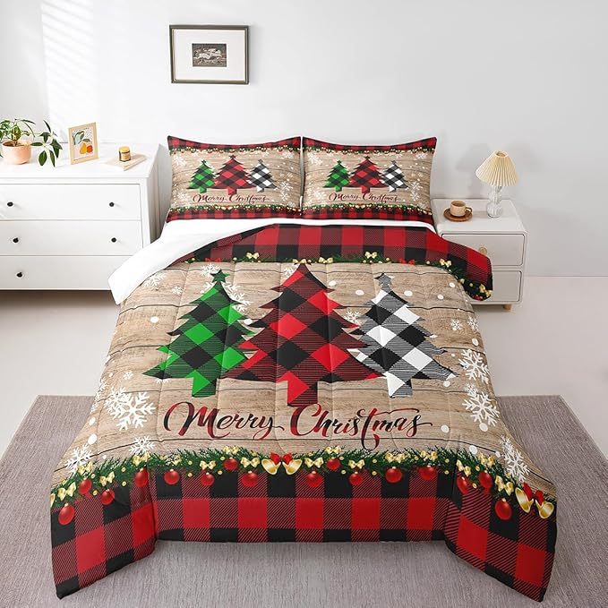 Manfei Plaid Tree Comforter Set King Size, Wooden Stripe Print Bedding Set 3pcs for Kids Boys Girls Bedroom Decor, Christmas Theme New Year Quilt Set with 2 Pillowcases