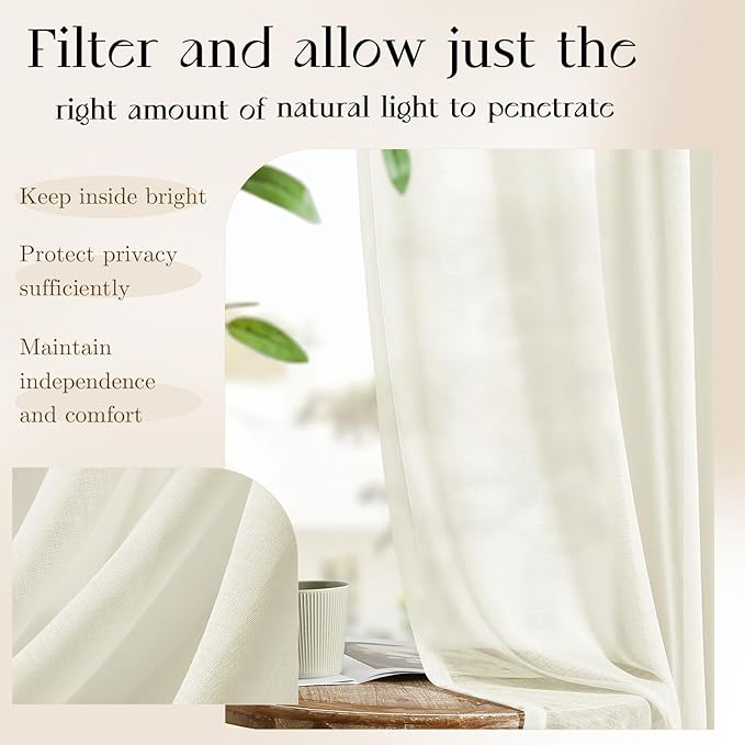 Dreaming Casa Ivory Sheer Curtains 84 Inches Long, Rod Pocket & Back Tab Light Filtering Textured Sheers for Living Room Bedroom, 2 Panels, Each 100" W x 84" L