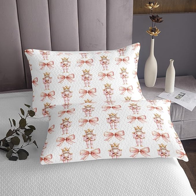 Cartoon Nutcracker Kids Bedspread King Size,Pink Bowknot Romantic Princess Coverlet Set,Girls Women Room Decor,Ballet Merry Christmas Bow Tie Quilted Coverlet,Dreamy Bedding Quilt,2 Pillowcases