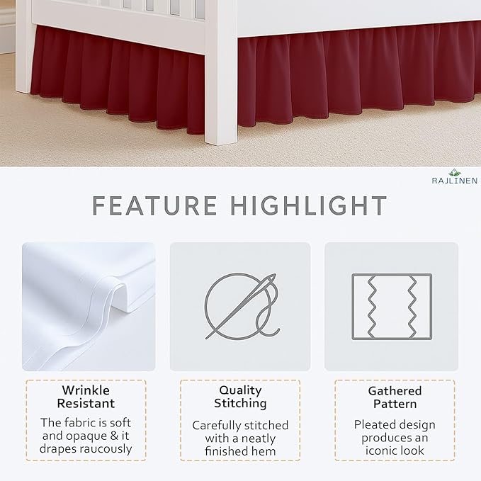 Rajlinen Ruffled Crib Bed Skirt, Microfiber, Dust Ruffle with Split Corners, 14" Drop, Nursery Toddler Bedding for Baby Boys or Girls, Burgundy