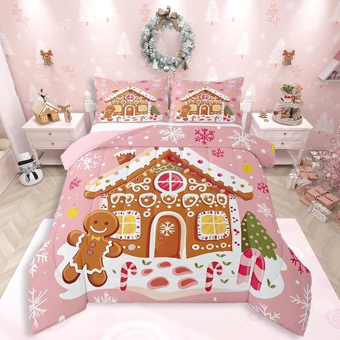 Feelyou Christmas Gingerbread Bedding Set Soft for Boys Girls,Gingerbread House Comforter Set Toddler Winter Holiday Decor Duvet Quilt Cute Snowflake Room Decor Pink Decor 2 Pcs with 1 Pillow Cases