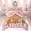 Feelyou Christmas Gingerbread Bedding Set Soft for Boys Girls,Gingerbread House Comforter Set Toddler Winter Holiday Decor Duvet Quilt Cute Snowflake Room Decor Pink Decor 2 Pcs with 1 Pillow Cases