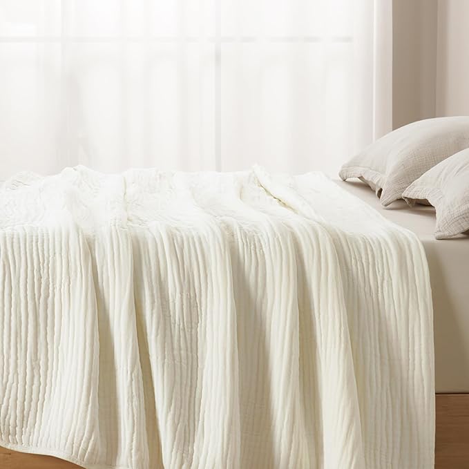 PHF Cooling Muslin Blanket Queen Size 90"x80", 6-Layer Lightweight Gauze Blanket Made from 35% Rayon Derived from Bamboo & 65% Cotton, Breathable & Ultra Soft Cozy, Aesthetic Home Decor, Snow White