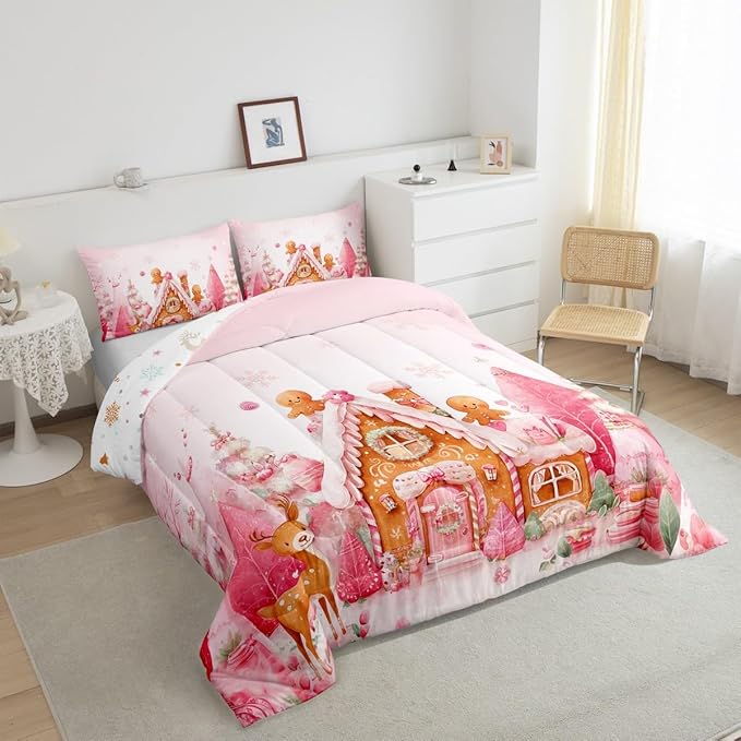jejeloiu Kids Christmas Theme Comforter Set Full Size Cute Deer Gingerbread Man Bedding Set for Boys Girls Teens Pink Xmas Tree Candy House Snowflake Winter Duvet Quilt Room Decor