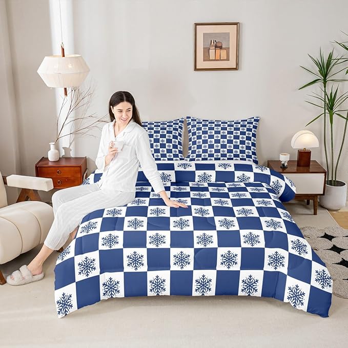 Feelyou Christmas Bedding Set Soft for Boys Girls, Checkered Comforter Set Twin Size Snowflake Duvet Quilt Microfiber Xmas Decorations Bedroom Decor Blue 2 Pcs with 1 Pillow Cases