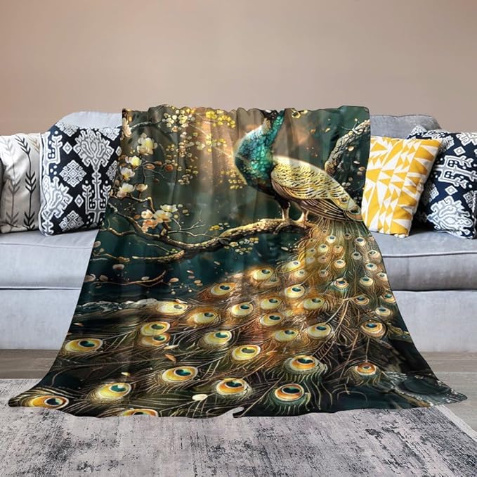 Peacock Blanket Gold Peacock Gifts for Girls Boys Woman Kids Lover Throw Blankets Soft Blanket Warm Fleece Flannel Plush Blankets for Bed Sofa Couch 60"x80"
