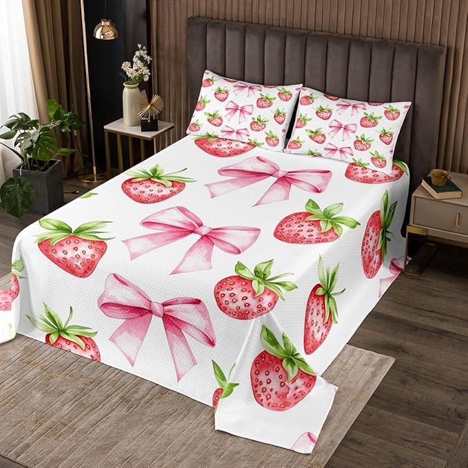 Pink Bowknot Kids Bedspread King Size,Strawberry Summer Fruit Cartoon Cute Coverlet Set,Girls Women Room Decor,Bow Tie Butterfly Knot Princess Quilted Coverlet,Unique Bedding Quilt,2 Pillowcases
