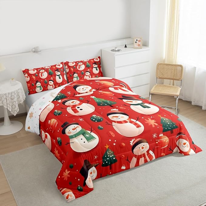Feelyou Christmas Comforter Set King Size Snowman Bedding Set for Kids Boys Girls Snowflake Duvet Quilt New Year Theme Bedroom Decor Microfiber 3 Pcs with 2 Pillow Cases