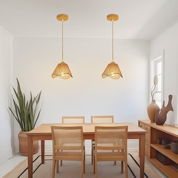 3 Pack Wave Rattan Chandelier Pendant Lights Kitchen Island,Farmhouse Boho Chandeliers Adjustable Height Hanging lamp for Dining Room,Kitchen Ceiling Light Fixtures Hand Woven Wicker Lampshade