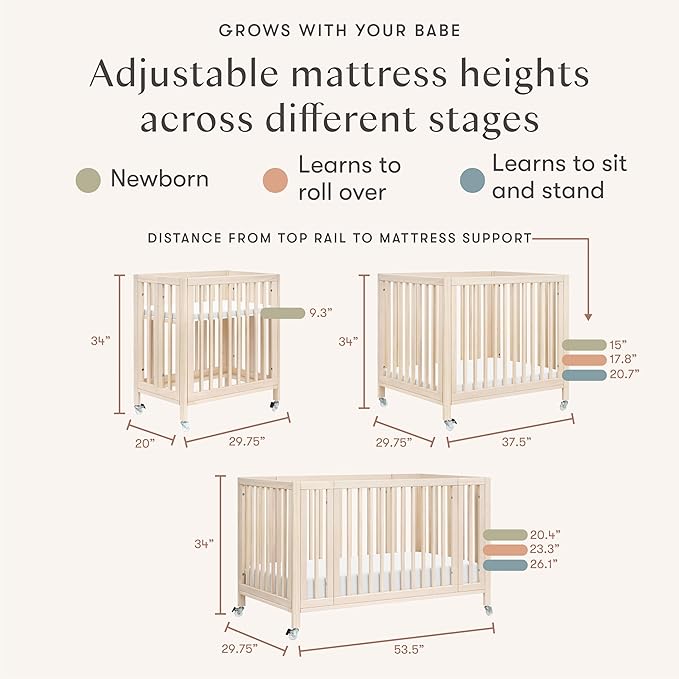 babyletto Rolli Convertible All-Stages® Bassinet and Full-Size Crib in Washed Natural, Greenguard Gold Certified, Portable & Adjustable with Conversion Kits and Pads Included