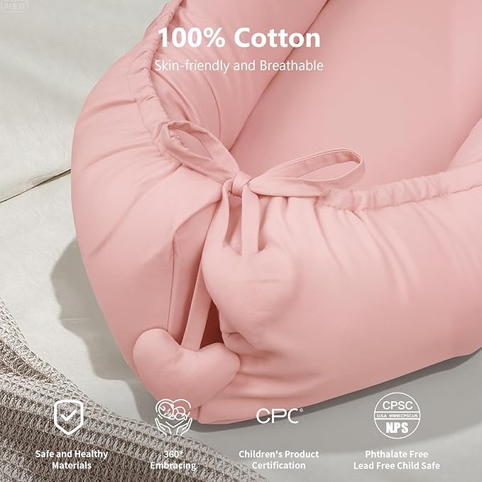 Baby Lounger - Baby Lounger for Newborn 0-24 Months, Soft Breathable Cotton Infant Lounger Cover, Portable Baby Nest for Travel, Newborn Essentials for Baby Girl (Pink)