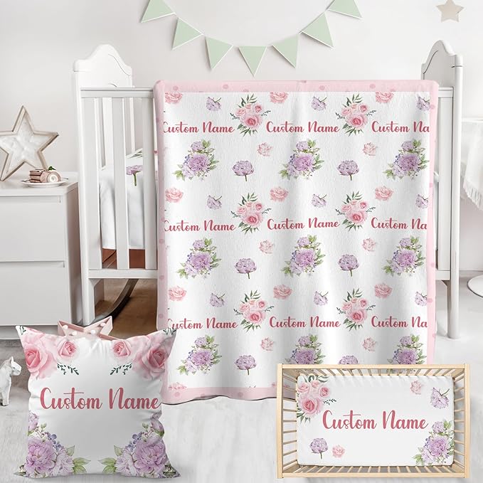 Personalized Baby Crib Bedding Set,3 Piece Custom Name Nursery Set with Blanket, Fitted Sheet & Pillowcase for Baby Girls & Boys, Floral Theme(Fixed Size)