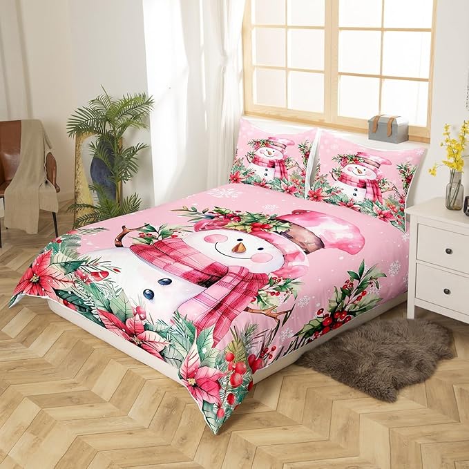 Manfei Xmas Snowman Duvet Cover Set Full Size, Leaves Flower Snowflake Comforter Cover with 2 Pillowcases, Christmas Pink Bedding Set 3pcs for Kids Boys Girls Lightweight Bedspread Cover,No Comforter