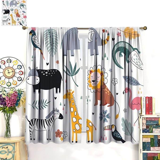 YCness Cartoon Forest Animals Curtains, Woodland Woodland Wild Giraffe Zebra Lion Hippopotamus Window Treatments for Kids Bedroom Living Room Home Nursery Drapes, 72x63 Inch