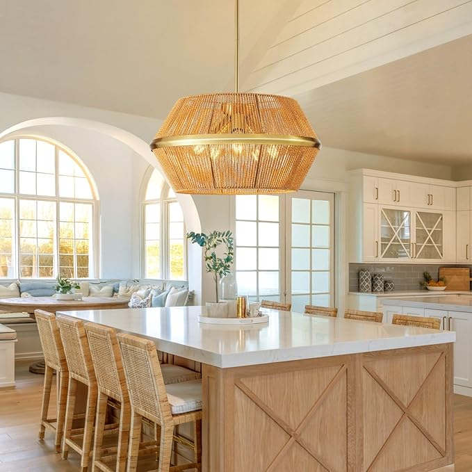 WJShome 19" Boho Rattan Chandelier Light Fixture – 5-Light Hand Woven Pendant to Enhance Your Farmhouse Dining Room, Kitchen Island, and Living Room Decor!