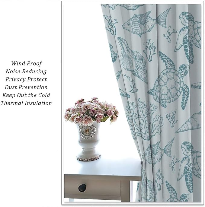 Turtle Starfish Curtains,Coral Starfish Seashell Beach Sea Seashell Theme Pattern Blackout Print Home Bedroom Living Room Window Treatmen 2 Panel Set 63x72 Inch