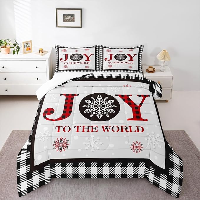 Christmas Snowflake Kids Comforter Set Queen Size,Cottage Plank Bedding,Girls Boys Adults Bedroom/Xmas Cabin Decor,Geometric Grids Stylish Down Comforter,Rustic Farmhouse Duvet Insert,2 Pillowcases