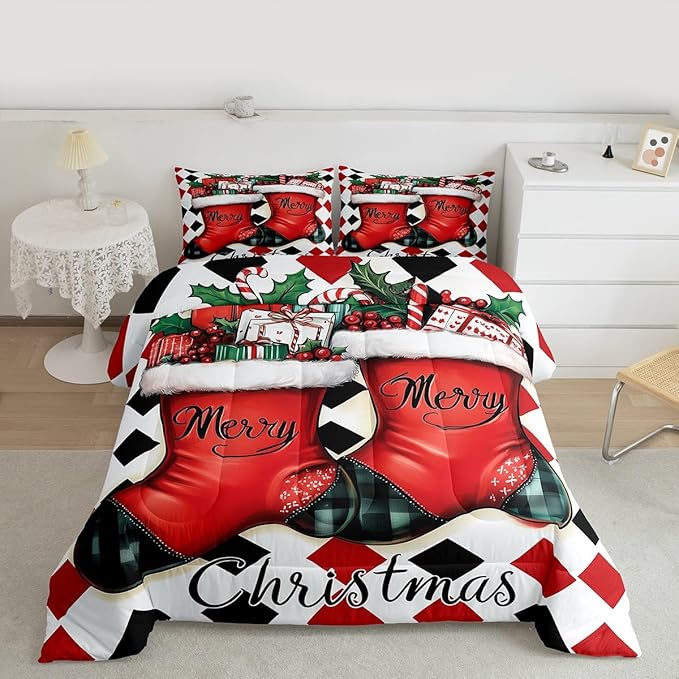 Feelyou Merry Christmas Comforter Set Full Size Cartoon Shoes Bedding Set for Kids Boys Girls Duvet Quilt Winter Bedroom Decor Microfiber 3 Pcs with 2 Pillow Cases