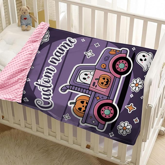 Personalized Halloween Blanket for Baby Girls, Custom Baby Blanket with Name, Ghost Truck Pattern Soft Minky Dot Blanket, Halloween Decor Christmas Birthday Gifts for Kids Toddlers