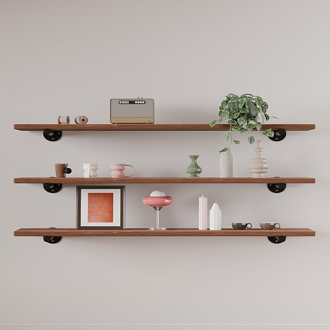 IEO Floating Shelves for Wall Shelf 48 inches Long 11.8" Extra Width Farmhouse Bathroom Decor Bedroom Kitchen Shelves Living Room Wall Mounted Set of 3, Rustic Brown Soild Wood