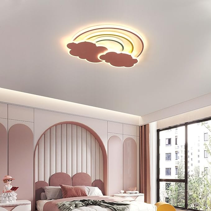 Dimmable LED Flush Mount Ceiling Light Fixture with Remote Control, 19.7Inch 36W Pink Cloud Rainbow Modern Ceiling Lamp for Girl Room Baby Kids Room Bedroom Nursery Dining Room Kitchen