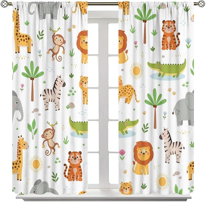 Cartoon Animal Curtains, Safari Woodland Jungle Forest Wildlife Window Treatments, Rod Pocket Thermal Insulated Drapes 2 Panel Sets for Kids Bedroom Nursery Classroom, 42" W X 45" L