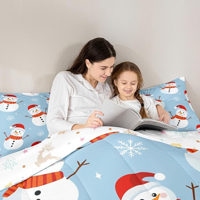 Feelyou Merry Christmas Bedding Set Soft for Boys Girls, Snowman Comforter Set Queen Size Snowflake Duvet Quilt Microfiber Bedroom Decor 3 Pcs with 2 Pillow Cases