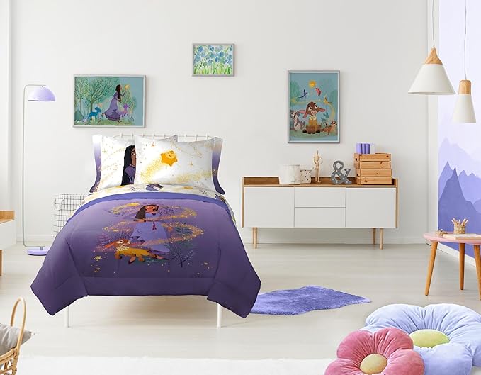 Disney Wish Full Comforter Set - 7 Piece Bed Set Includes Sheet Set & Pillow Covers - Super Soft Kids Bedding Features Asha, Valentino & Star