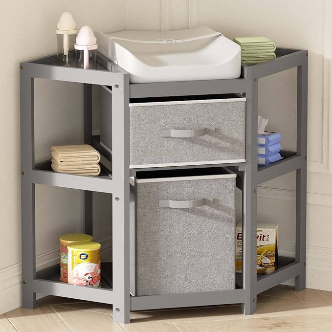 YUFU Baby Corner Changing Table with Storage Drawers, Portable Diaper Changing Station with Baby Changing Pad, Modern Wood Changing Table Dresser for Infants and Toddlers (Gray)