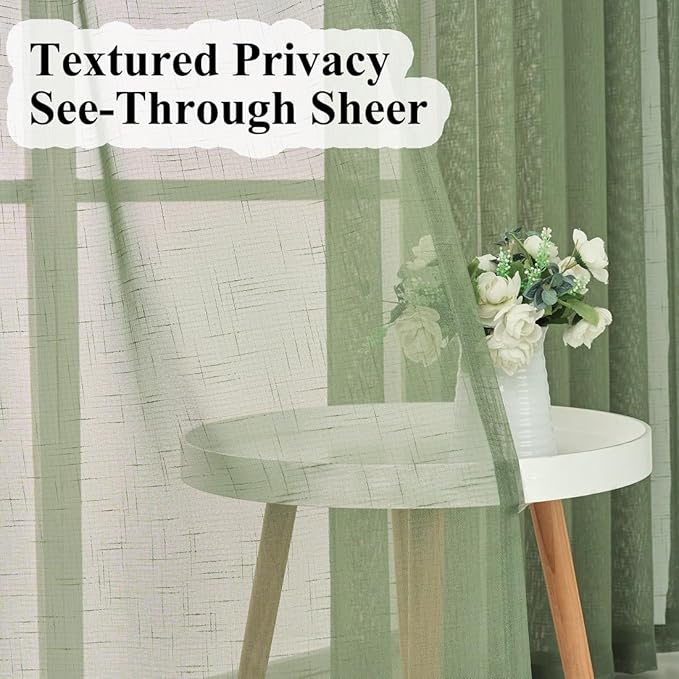 Sage Green Pinch Pleated Sheer Curtains 96 Inches Long 2 Panels, 50 Inches Width, Rustic Linen Look Light Filtering Drapes Decor, Thin Textured Transparent Window Curtain Panels