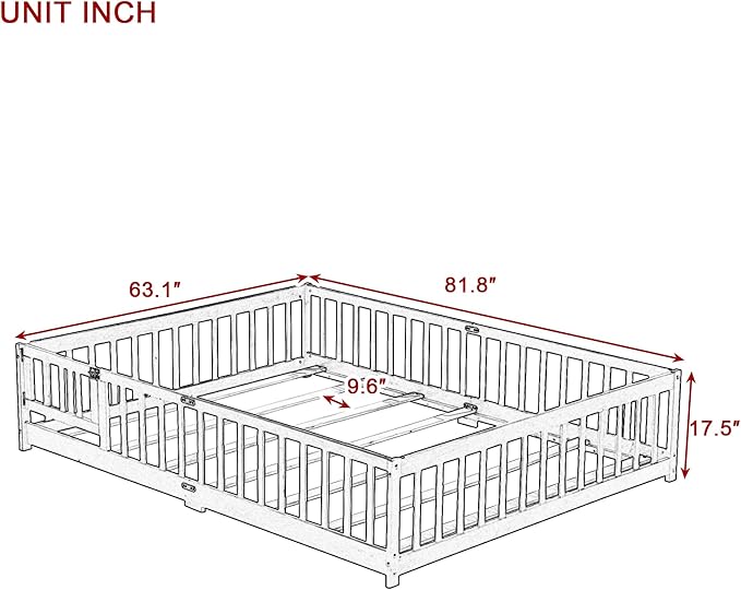 Queen Size Floor Bed for Kids, Wood Montessori Floor Beds with Fence Railings, Door & Slats Support, Queen Playhouse Bed Frame for Boys Girls, No Box Spring Needed, White