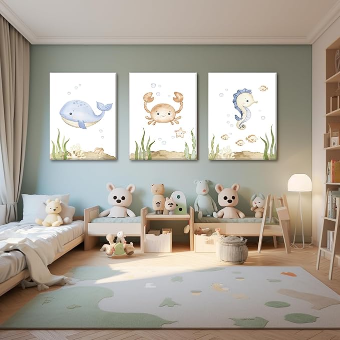 Wodkwq Ocean Nursery Decor, Set of 3, 12x16 Inch Framed Canvas Prints, Under The Sea, Boys Room, Kids Bathroom, Bedroom Wall Art