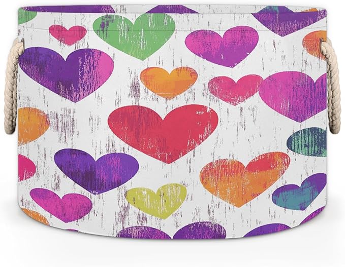 Colorful Hearts Pattern Round Storage Basket for Laundry & Toys, Lightweight Fabric Laundry Hamper with Handles, Foldable Large Organizer Bin for Bedroom Bathroom Nursery Dorm